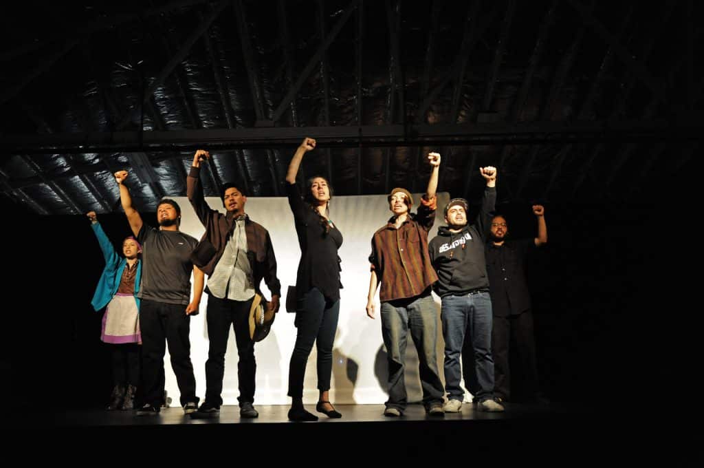 From left, Elizabeth Murillo, Daniel Ibarra, Jacob Juarez, Emily Morales, Emmanuel Garcia, Eduardo Esparza, and Carlos Cortez, in the final scene of the Salinas Movement Project, which debuted on March 31st, 2017 at the Alisal Center for the Fine Arts in east Salinas.