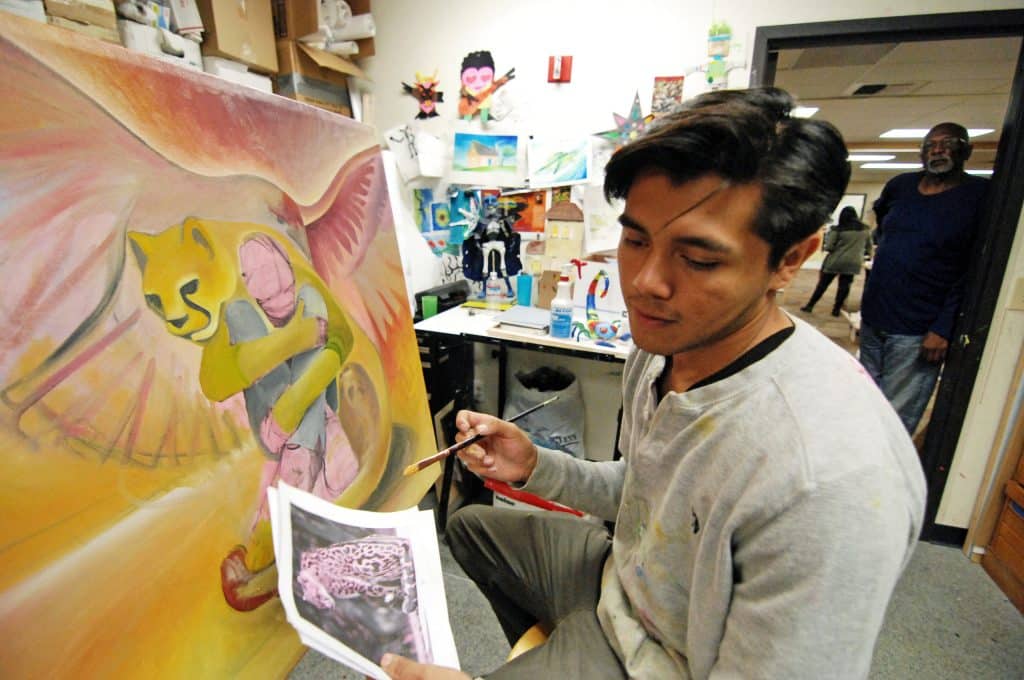 At Hijos del Sols studio in east Salinas, David Aguilar works on a painting to be shown at the groups annual Day of the Dead commemoration at the National Steinbeck Center.
Salinas Youth Initiative: Hijos del Sol
United States, California, Monterey County, Salinas, Monterey, Jay Dunn, The Packard Foundation, Hijos del Sol, photographer, freelance, photography, multimedia, video, social justice, social services, photojournalism, www.jaydunn.org, jay@jaydunn.com